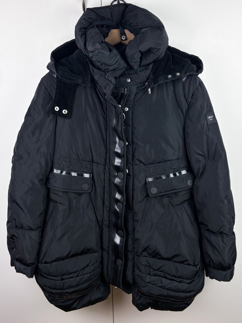 HIGH Tech by Claire Campbell Real Eider Down Feather Black Hooded Puffer Coat 8